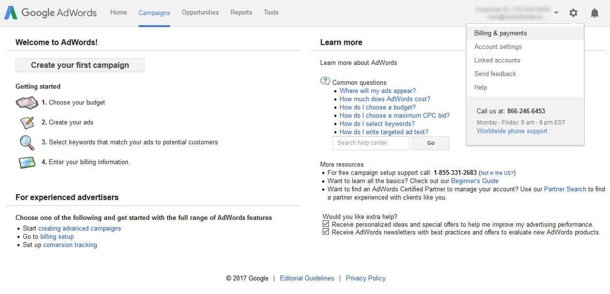 Set up your Adwords Billing and Payments
